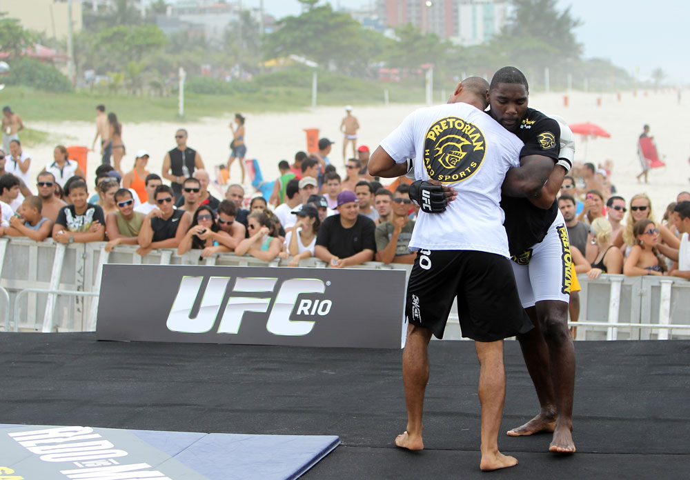 RIO DE JANEIRO, BRAZIL - JANUARY 11:  Anthony Johnson works out for the media and fans during the UFC 142 Open Workouts at Barra de Tijuca Beach on January 11, 2012 in Rio de Janeiro, Brazil.  (Photo by Josh Hedges/Zuffa LLC/Zuffa LLC via Getty Images)