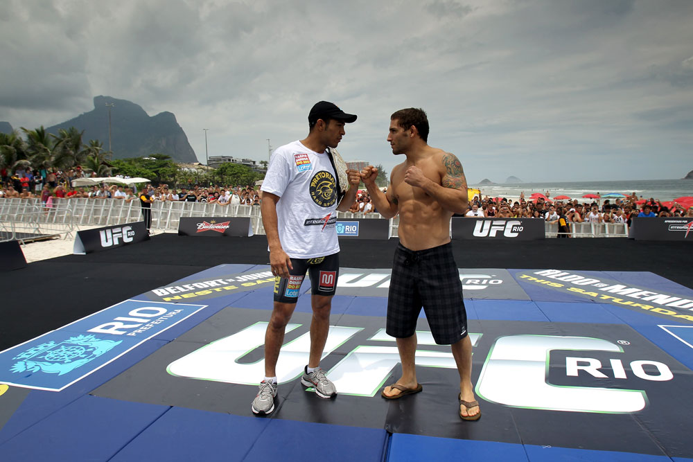 RIO DE JANEIRO, BRAZIL - JANUARY 11:  (L-R) UFC Featherweight Champion Jose Aldo and challenger Chad Mendes face off during the UFC 142 Open Workouts at Barra de Tijuca Beach on January 11, 2012 in Rio de Janeiro, Brazil.  (Photo by Josh Hedges/Zuffa LLC/Zuffa LLC via Getty Images)