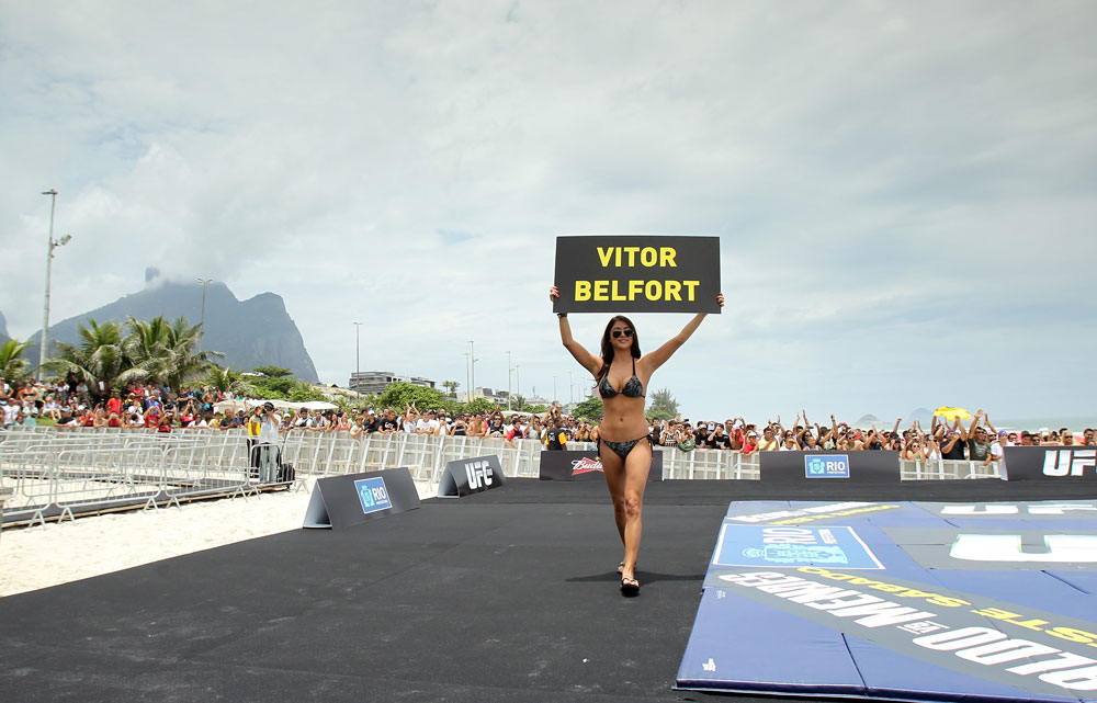 RIO DE JANEIRO, BRAZIL - JANUARY 11:  UFC Octagon Girl Arianny Celeste attends the UFC 142 Open Workouts at Barra de Tijuca Beach on January 11, 2012 in Rio de Janeiro, Brazil.  (Photo by Josh Hedges/Zuffa LLC/Zuffa LLC via Getty Images)