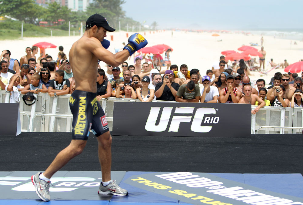 RIO DE JANEIRO, BRAZIL - JANUARY 11:  Jose Aldo works out for the media and fans during the UFC 142 Open Workouts at Barra de Tijuca Beach on January 11, 2012 in Rio de Janeiro, Brazil.  (Photo by Josh Hedges/Zuffa LLC/Zuffa LLC via Getty Images)