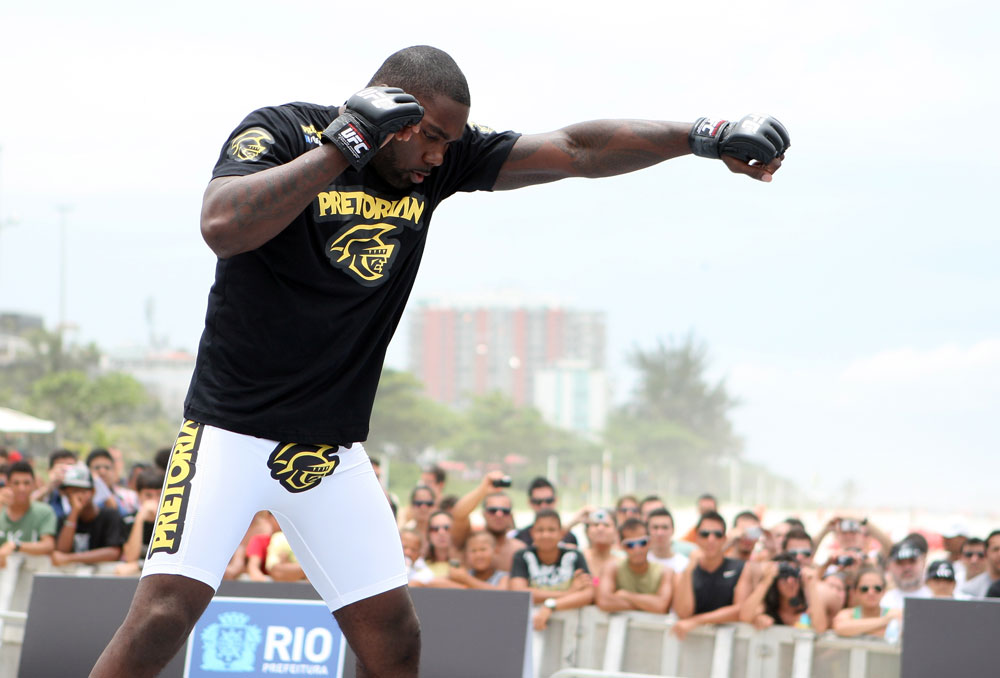 RIO DE JANEIRO, BRAZIL - JANUARY 11:  Anthony Johnson works out for the media and fans during the UFC 142 Open Workouts at Barra de Tijuca Beach on January 11, 2012 in Rio de Janeiro, Brazil.  (Photo by Josh Hedges/Zuffa LLC/Zuffa LLC via Getty Images)