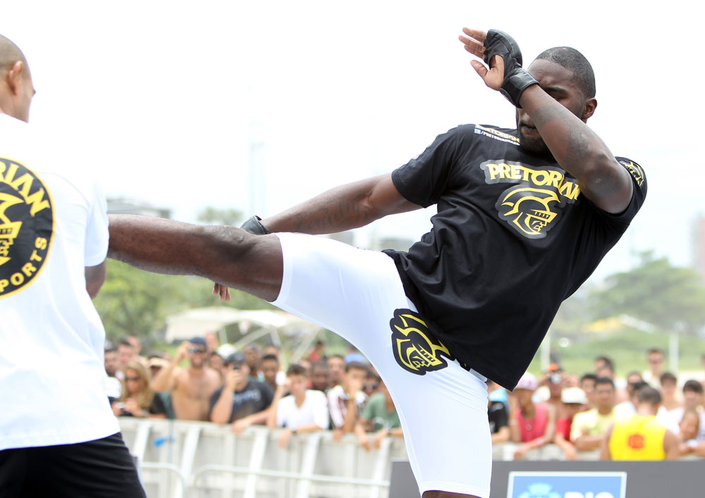 RIO DE JANEIRO, BRAZIL - JANUARY 11:  Anthony Johnson works out for the media and fans during the UFC 142 Open Workouts at Barra de Tijuca Beach on January 11, 2012 in Rio de Janeiro, Brazil.  (Photo by Josh Hedges/Zuffa LLC/Zuffa LLC via Getty Images)