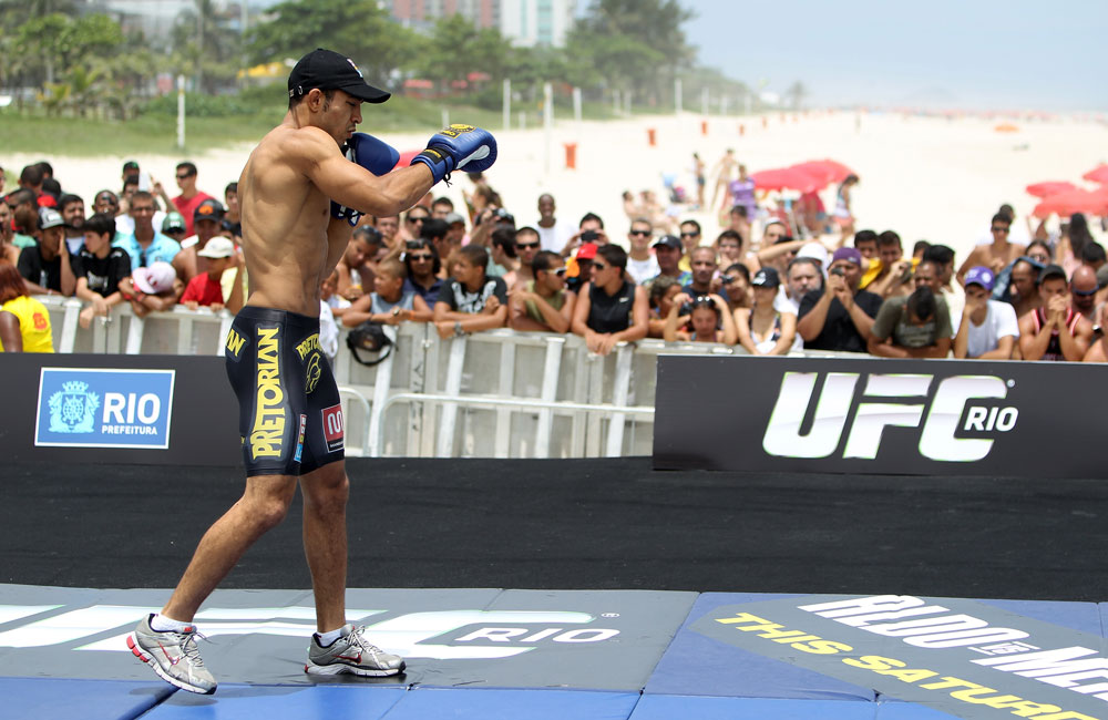 RIO DE JANEIRO, BRAZIL - JANUARY 11:  Jose Aldo works out for the media and fans during the UFC 142 Open Workouts at Barra de Tijuca Beach on January 11, 2012 in Rio de Janeiro, Brazil.  (Photo by Josh Hedges/Zuffa LLC/Zuffa LLC via Getty Images)