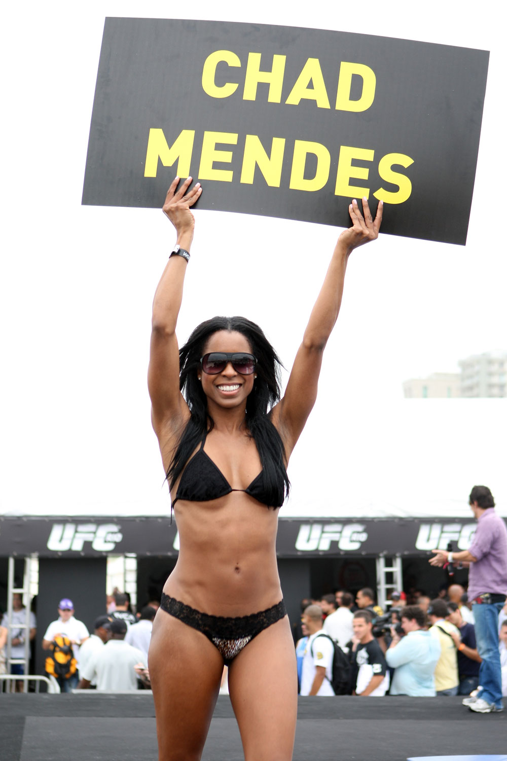 RIO DE JANEIRO, BRAZIL - JANUARY 11:  UFC Octagon Girl Chandella Powell attends the UFC 142 Open Workouts at Barra de Tijuca Beach on January 11, 2012 in Rio de Janeiro, Brazil.  (Photo by Josh Hedges/Zuffa LLC/Zuffa LLC via Getty Images)
