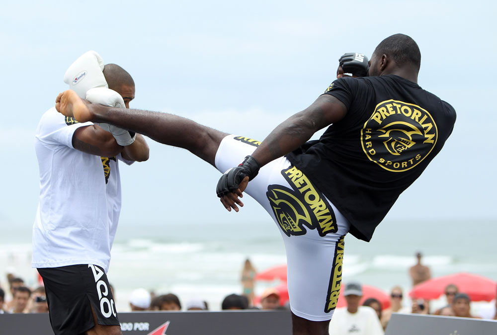 RIO DE JANEIRO, BRAZIL - JANUARY 11:  Anthony Johnson works out for the media and fans during the UFC 142 Open Workouts at Barra de Tijuca Beach on January 11, 2012 in Rio de Janeiro, Brazil.  (Photo by Josh Hedges/Zuffa LLC/Zuffa LLC via Getty Images)