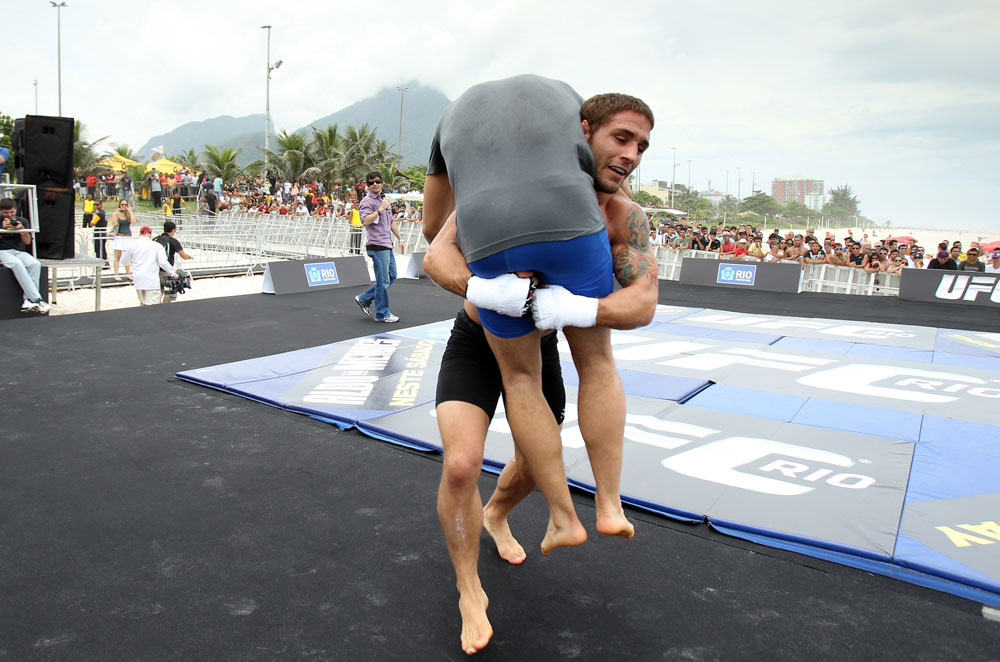 RIO DE JANEIRO, BRAZIL - JANUARY 11:  Chad Mendes works out for the media and fans during the UFC 142 Open Workouts at Barra de Tijuca Beach on January 11, 2012 in Rio de Janeiro, Brazil.  (Photo by Josh Hedges/Zuffa LLC/Zuffa LLC via Getty Images)