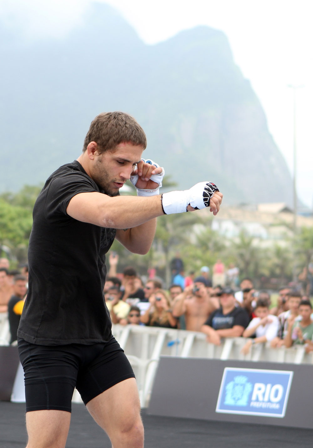 RIO DE JANEIRO, BRAZIL - JANUARY 11:  Chad Mendes works out for the media and fans during the UFC 142 Open Workouts at Barra de Tijuca Beach on January 11, 2012 in Rio de Janeiro, Brazil.  (Photo by Josh Hedges/Zuffa LLC/Zuffa LLC via Getty Images)