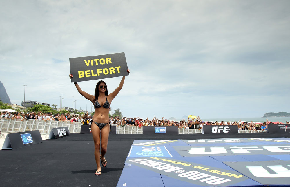 RIO DE JANEIRO, BRAZIL - JANUARY 11:  UFC Octagon Girl Arianny Celeste attends the UFC 142 Open Workouts at Barra de Tijuca Beach on January 11, 2012 in Rio de Janeiro, Brazil.  (Photo by Josh Hedges/Zuffa LLC/Zuffa LLC via Getty Images)