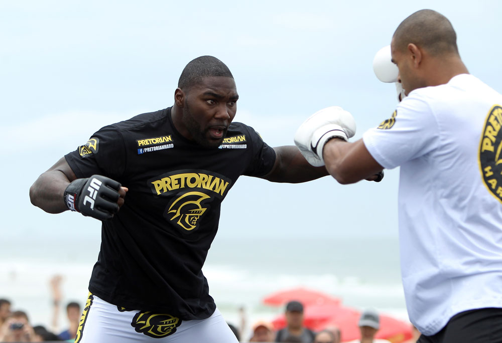 RIO DE JANEIRO, BRAZIL - JANUARY 11:  Anthony Johnson works out for the media and fans during the UFC 142 Open Workouts at Barra de Tijuca Beach on January 11, 2012 in Rio de Janeiro, Brazil.  (Photo by Josh Hedges/Zuffa LLC/Zuffa LLC via Getty Images)