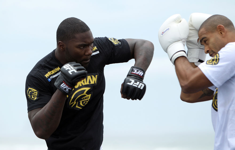 RIO DE JANEIRO, BRAZIL - JANUARY 11:  Anthony Johnson works out for the media and fans during the UFC 142 Open Workouts at Barra de Tijuca Beach on January 11, 2012 in Rio de Janeiro, Brazil.  (Photo by Josh Hedges/Zuffa LLC/Zuffa LLC via Getty Images)