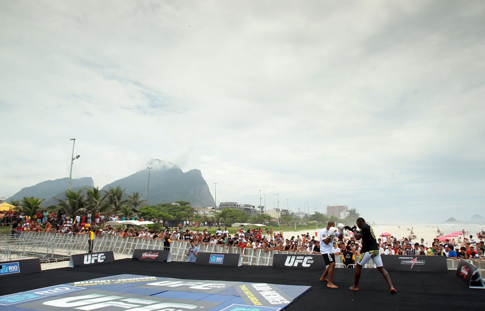 RIO DE JANEIRO, BRAZIL - JANUARY 11:  Anthony Johnson works out for the media and fans during the UFC 142 Open Workouts at Barra de Tijuca Beach on January 11, 2012 in Rio de Janeiro, Brazil.  (Photo by Josh Hedges/Zuffa LLC/Zuffa LLC via Getty Images)
