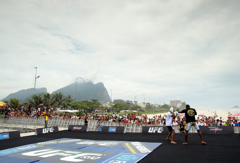RIO DE JANEIRO, BRAZIL - JANUARY 11:  Anthony Johnson works out for the media and fans during the UFC 142 Open Workouts at Barra de Tijuca Beach on January 11, 2012 in Rio de Janeiro, Brazil.  (Photo by Josh Hedges/Zuffa LLC/Zuffa LLC via Getty Images)