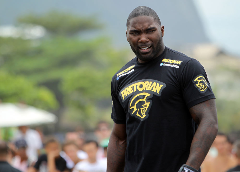 RIO DE JANEIRO, BRAZIL - JANUARY 11:  Anthony Johnson works out for the media and fans during the UFC 142 Open Workouts at Barra de Tijuca Beach on January 11, 2012 in Rio de Janeiro, Brazil.  (Photo by Josh Hedges/Zuffa LLC/Zuffa LLC via Getty Images)