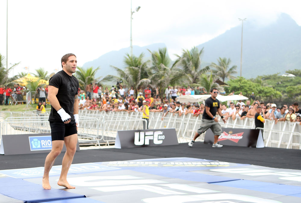 RIO DE JANEIRO, BRAZIL - JANUARY 11:  Chad Mendes works out for the media and fans during the UFC 142 Open Workouts at Barra de Tijuca Beach on January 11, 2012 in Rio de Janeiro, Brazil.  (Photo by Josh Hedges/Zuffa LLC/Zuffa LLC via Getty Images)