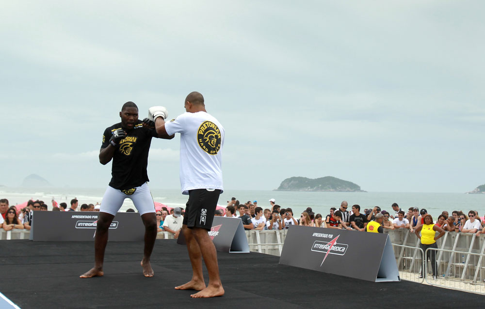 RIO DE JANEIRO, BRAZIL - JANUARY 11:  Anthony Johnson works out for the media and fans during the UFC 142 Open Workouts at Barra de Tijuca Beach on January 11, 2012 in Rio de Janeiro, Brazil.  (Photo by Josh Hedges/Zuffa LLC/Zuffa LLC via Getty Images)