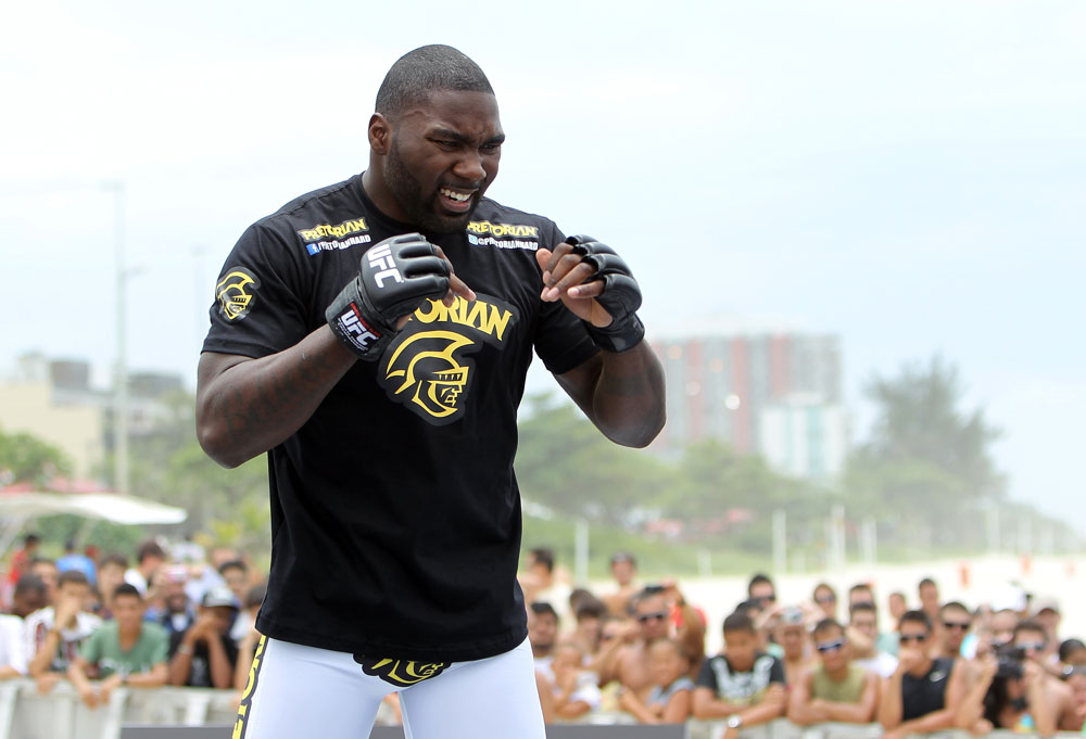 RIO DE JANEIRO, BRAZIL - JANUARY 11:  Anthony Johnson works out for the media and fans during the UFC 142 Open Workouts at Barra de Tijuca Beach on January 11, 2012 in Rio de Janeiro, Brazil.  (Photo by Josh Hedges/Zuffa LLC/Zuffa LLC via Getty Images)