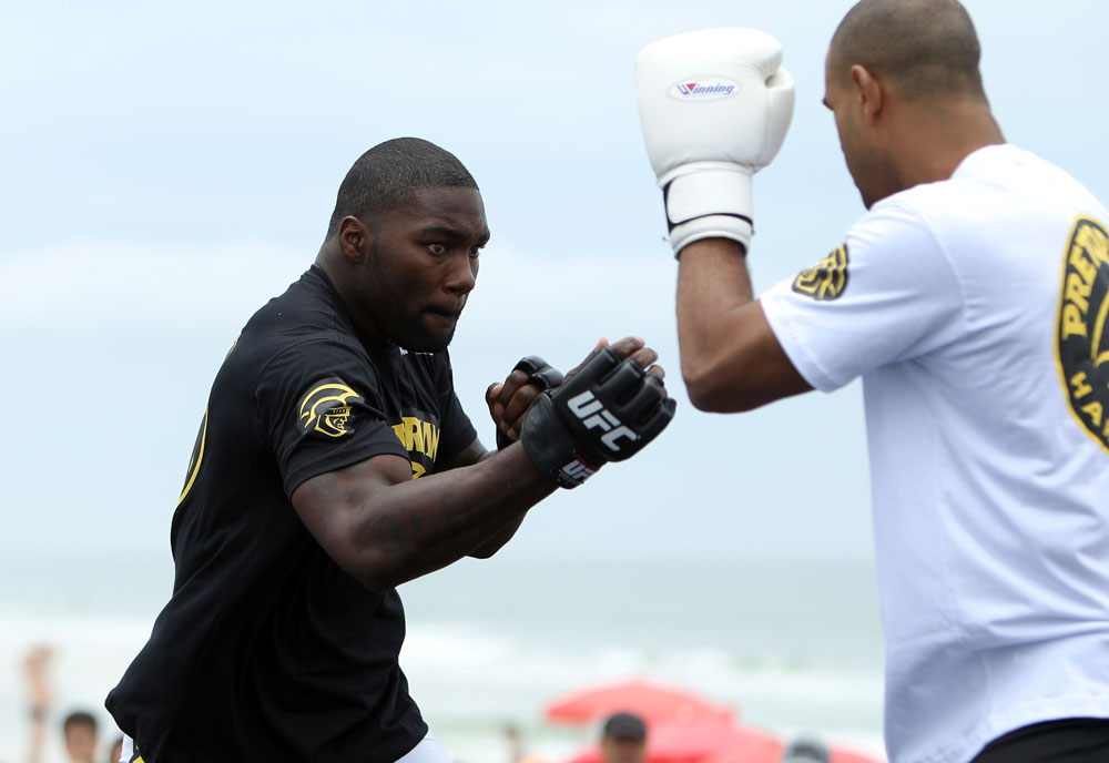 RIO DE JANEIRO, BRAZIL - JANUARY 11:  Anthony Johnson works out for the media and fans during the UFC 142 Open Workouts at Barra de Tijuca Beach on January 11, 2012 in Rio de Janeiro, Brazil.  (Photo by Josh Hedges/Zuffa LLC/Zuffa LLC via Getty Images)