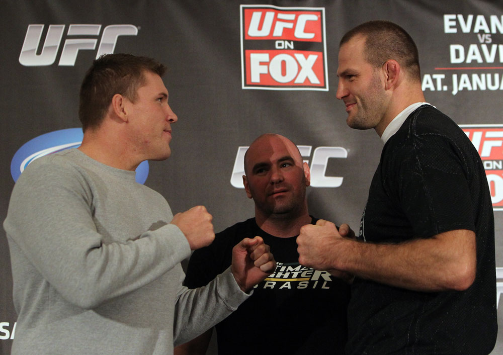 CHICAGO, IL - JANUARY 26:  (L-R) Heavyweight opponents Mike Russow and Jon-Olav Einemo face off during the UFC on FOX press conference at the W Hotel on January 26, 2012 in Chicago, Illinois.  (Photo by Josh Hedges/Zuffa LLC/Zuffa LLC via Getty Images) *** Local Caption *** Mike Russow; Jon-Olav Einemo