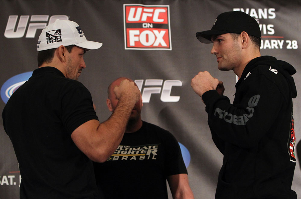 CHICAGO, IL - JANUARY 26: (L-R) Middleweight opponents Demian Maia and Chris Weidman face off during the UFC on FOX press conference at the W Hotel on January 26, 2012 in Chicago, Illinois. (Photo by Josh Hedges/Zuffa LLC/Zuffa LLC via Getty Images) *** Local Caption *** Demian Maia; Chris Weidman