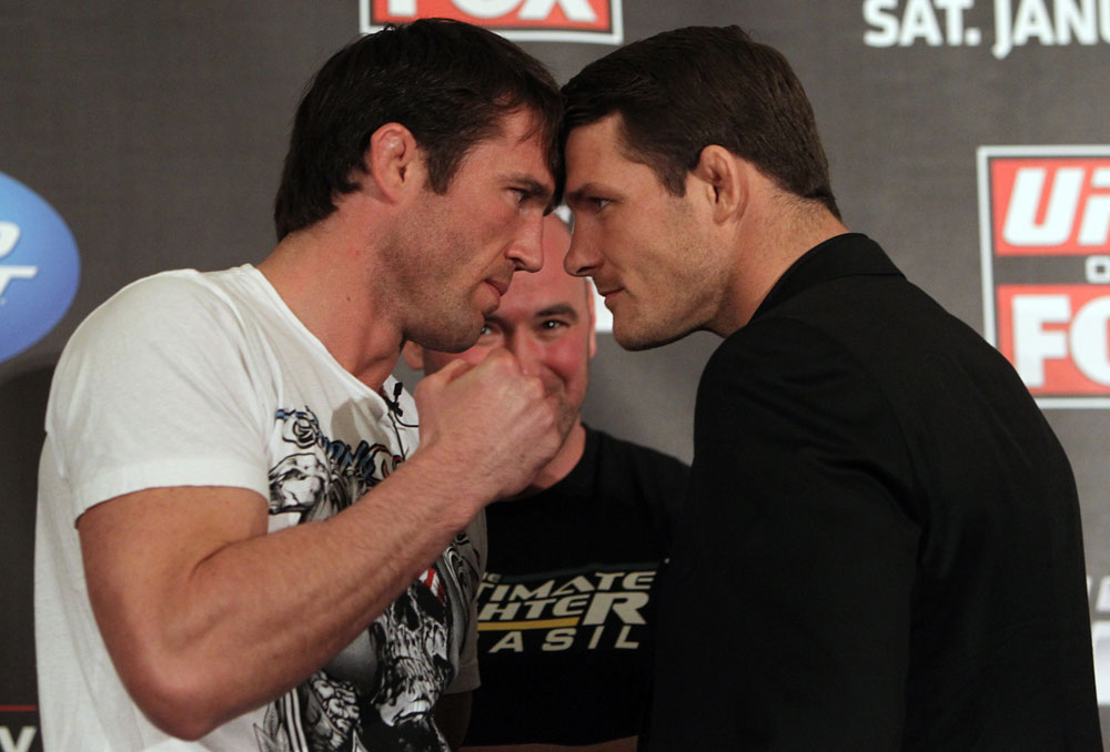 CHICAGO, IL - JANUARY 26: (L-R) Middleweight opponents Chael Sonnen and Michael Bisping face off during the UFC on FOX press conference at the W Hotel on January 26, 2012 in Chicago, Illinois. (Photo by Josh Hedges/Zuffa LLC/Zuffa LLC via Getty Images) *** Local Caption *** Chael Sonnen; Michael Bisping