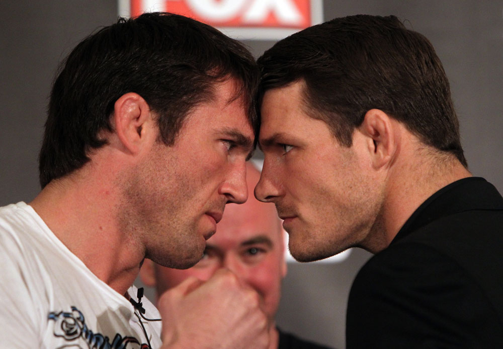 CHICAGO, IL - JANUARY 26: (L-R) Middleweight opponents Chael Sonnen and Michael Bisping face off during the UFC on FOX press conference at the W Hotel on January 26, 2012 in Chicago, Illinois. (Photo by Josh Hedges/Zuffa LLC/Zuffa LLC via Getty Images) *** Local Caption *** Chael Sonnen; Michael Bisping