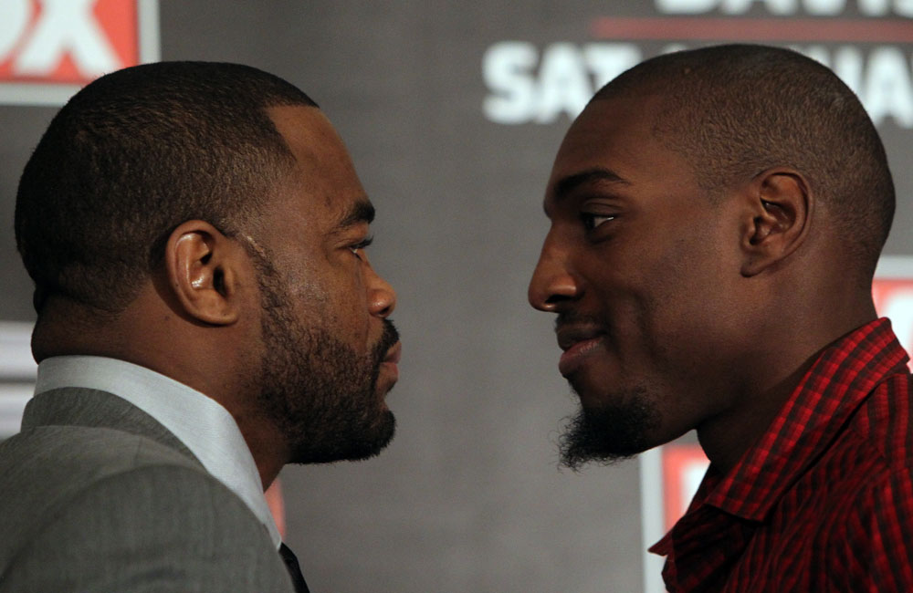 CHICAGO, IL - JANUARY 26: (L-R) Light Heavyweight opponents Rashad Evans and Phil Davis face off during the UFC on FOX press conference at the W Hotel on January 26, 2012 in Chicago, Illinois. (Photo by Josh Hedges/Zuffa LLC/Zuffa LLC via Getty Images) *** Local Caption *** Rashad Evans; Phil Davis