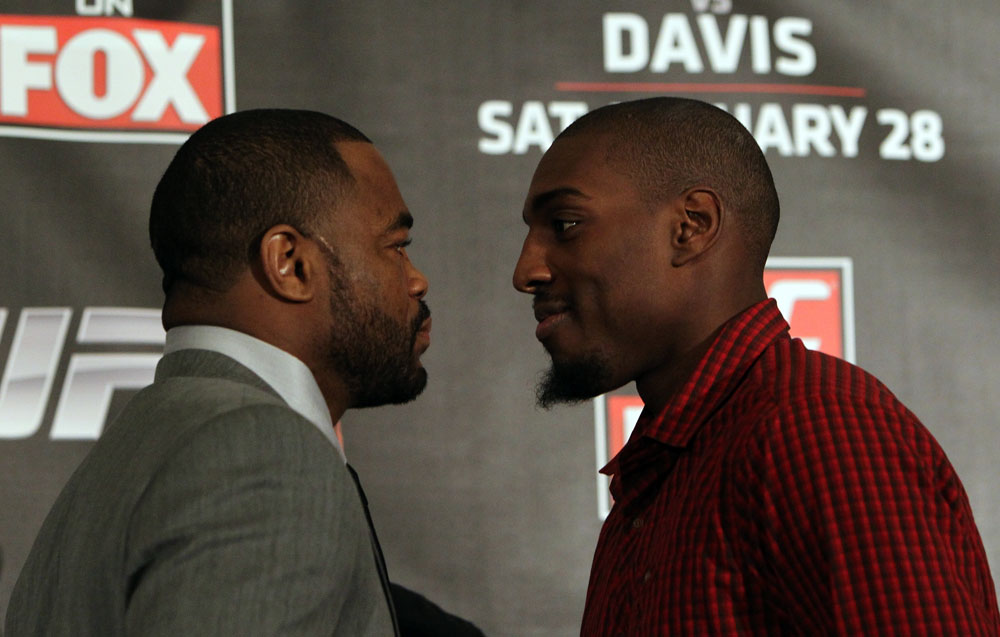 CHICAGO, IL - JANUARY 26: (L-R) Light Heavyweight opponents Rashad Evans and Phil Davis face off during the UFC on FOX press conference at the W Hotel on January 26, 2012 in Chicago, Illinois. (Photo by Josh Hedges/Zuffa LLC/Zuffa LLC via Getty Images) *** Local Caption *** Rashad Evans; Phil Davis