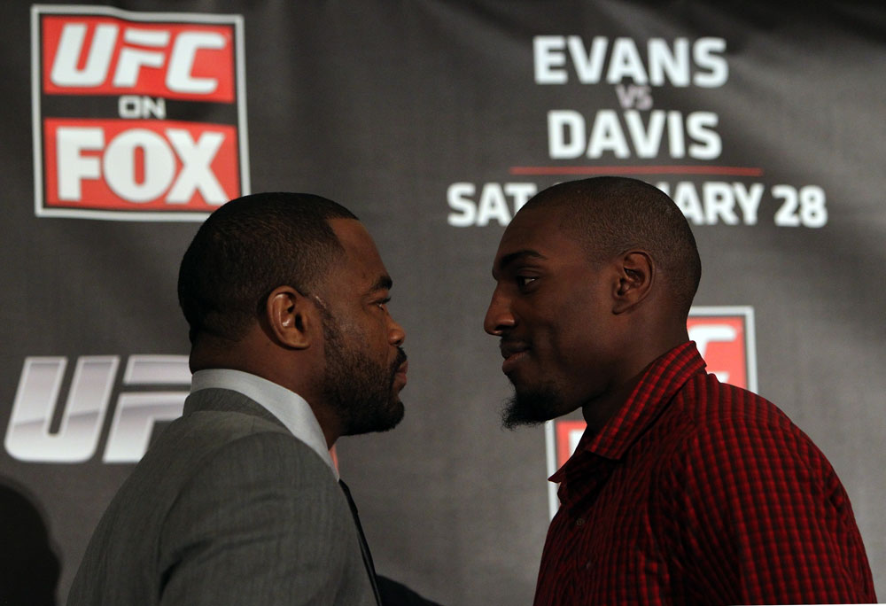 CHICAGO, IL - JANUARY 26: (L-R) Light Heavyweight opponents Rashad Evans and Phil Davis face off during the UFC on FOX press conference at the W Hotel on January 26, 2012 in Chicago, Illinois. (Photo by Josh Hedges/Zuffa LLC/Zuffa LLC via Getty Images) *** Local Caption *** Rashad Evans; Phil Davis