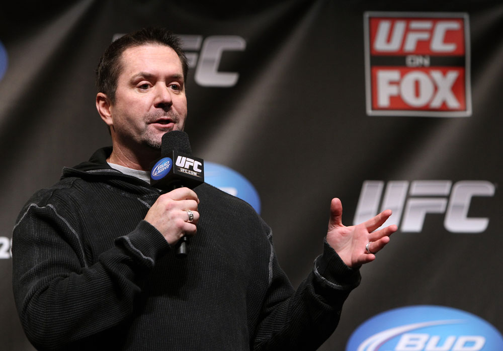 CHICAGO, IL - JANUARY 27: UFC commentator Mike Goldberg interacts with fans during a Q&A session before the UFC on FOX official weigh in at the Chicago Theatre on January 27, 2012 in Chicago, Illinois. (Photo by Josh Hedges/Zuffa LLC/Zuffa LLC via Getty Images) *** Local Caption *** Mike Goldberg