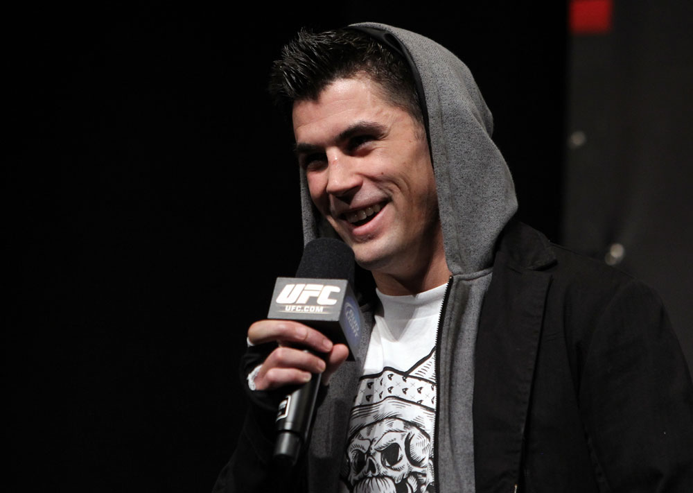 CHICAGO, IL - JANUARY 27: UFC Bantamweight Champion Dominick Cruz interacts with fans during a Q&A session before the UFC on FOX official weigh in at the Chicago Theatre on January 27, 2012 in Chicago, Illinois. (Photo by Josh Hedges/Zuffa LLC/Zuffa LLC via Getty Images) *** Local Caption *** Dominick Cruz