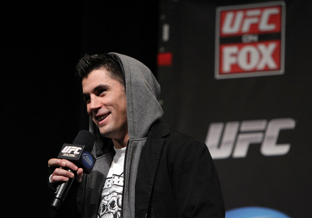 CHICAGO, IL - JANUARY 27: UFC Bantamweight Champion Dominick Cruz interacts with fans during a Q&A session before the UFC on FOX official weigh in at the Chicago Theatre on January 27, 2012 in Chicago, Illinois. (Photo by Josh Hedges/Zuffa LLC/Zuffa LLC via Getty Images) *** Local Caption *** Dominick Cruz