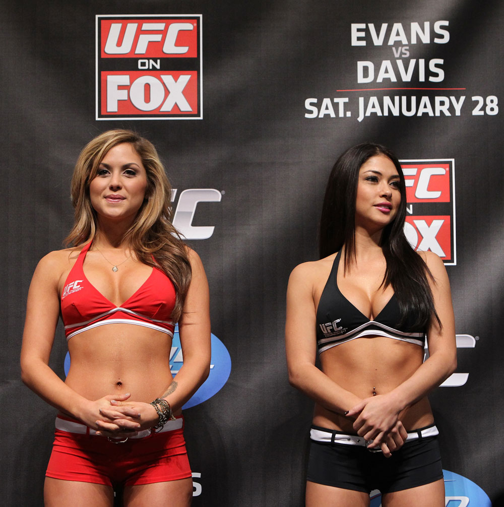 CHICAGO, IL - JANUARY 27: (L-R) UFC Octagon Girls Brittney Palmer and Arianny Celeste attend the UFC on FOX official weigh in at the Chicago Theatre on January 27, 2012 in Chicago, Illinois. (Photo by Josh Hedges/Zuffa LLC/Zuffa LLC via Getty Images) *** Local Caption *** Brittney Palmer; Arianny Celeste
