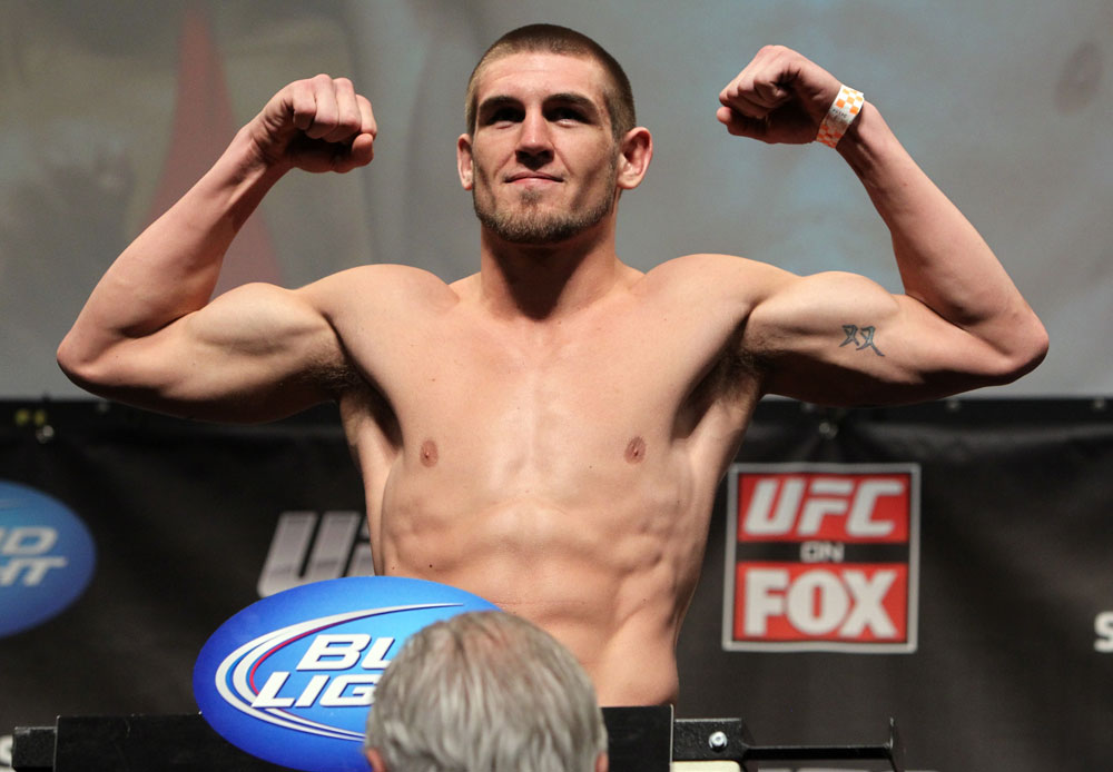 CHICAGO, IL - JANUARY 27: Dustin Jacoby weighs in during the UFC on FOX official weigh in at the Chicago Theatre on January 27, 2012 in Chicago, Illinois. (Photo by Josh Hedges/Zuffa LLC/Zuffa LLC via Getty Images) *** Local Caption *** Dustin Jacoby
