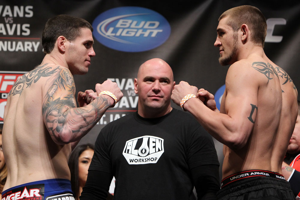 CHICAGO, IL - JANUARY 27: (L-R) Middleweight opponents Chris Camozzi and Dustin Jacoby face off after weighing in during the UFC on FOX official weigh in at the Chicago Theatre on January 27, 2012 in Chicago, Illinois. (Photo by Josh Hedges/Zuffa LLC/Zuffa LLC via Getty Images) *** Local Caption *** Chris Camozzi; Dustin Jacoby; Dana White