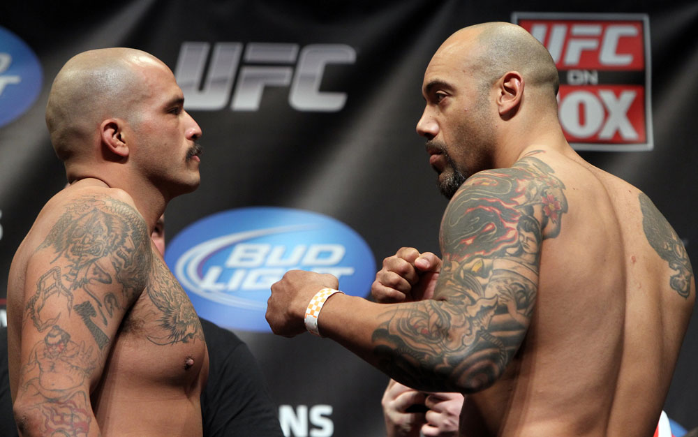 CHICAGO, IL - JANUARY 27: (L-R) Heavyweight opponents Joey Beltran and Lavar Johnson face off after weighing in during the UFC on FOX official weigh in at the Chicago Theatre on January 27, 2012 in Chicago, Illinois. (Photo by Josh Hedges/Zuffa LLC/Zuffa LLC via Getty Images) *** Local Caption *** Joey Beltran; Lavar Johnson