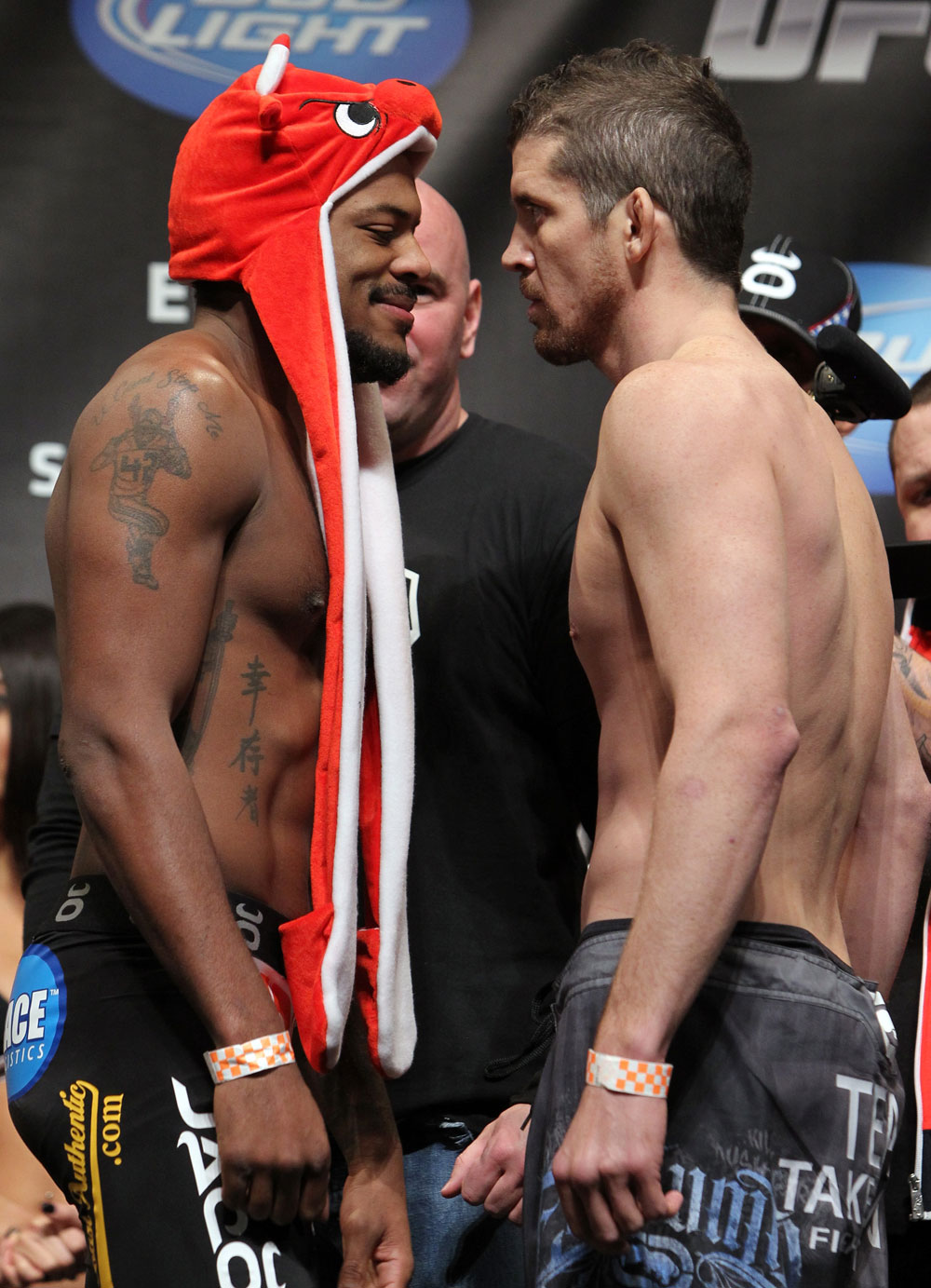 CHICAGO, IL - JANUARY 27: (L-R) Lightweight opponents Michael Johnson and Shane Roller face off after weighing in during the UFC on FOX official weigh in at the Chicago Theatre on January 27, 2012 in Chicago, Illinois. (Photo by Josh Hedges/Zuffa LLC/Zuffa LLC via Getty Images) *** Local Caption *** Michael Johnson; Shane Roller