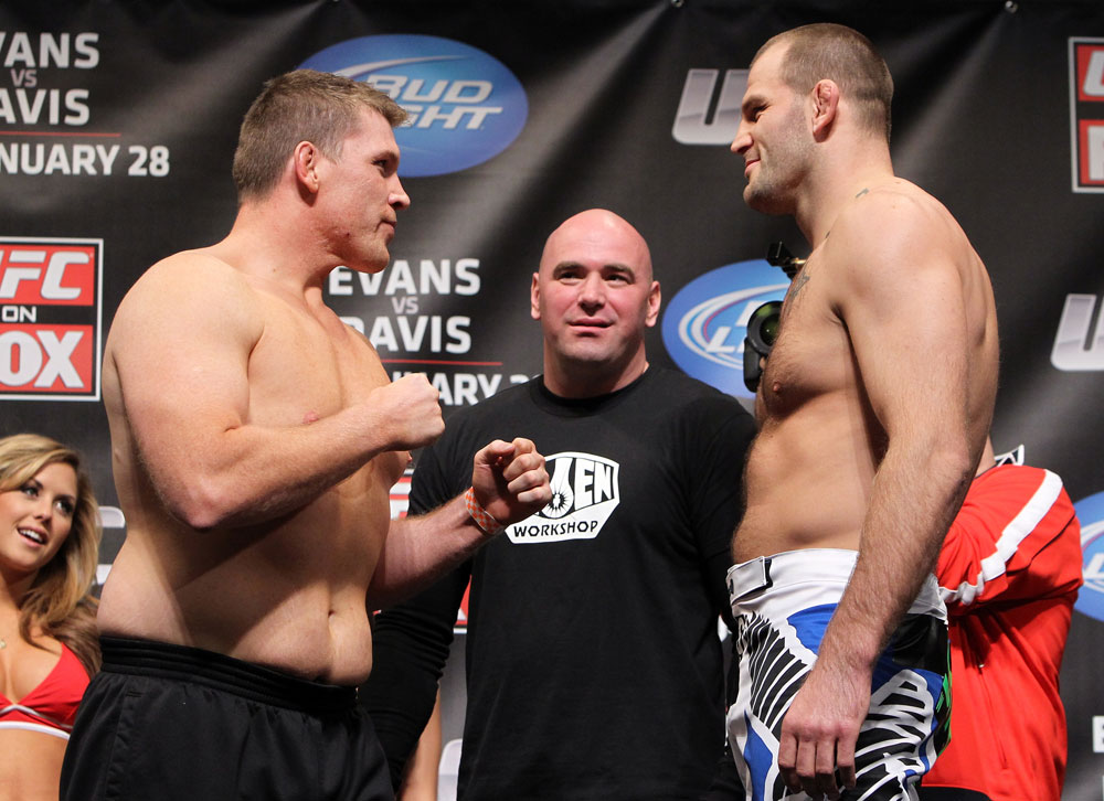CHICAGO, IL - JANUARY 27: (L-R) Heavyweight opponents Mike Russow and Jon-Olav Einemo face off after weighing in during the UFC on FOX official weigh in at the Chicago Theatre on January 27, 2012 in Chicago, Illinois. (Photo by Josh Hedges/Zuffa LLC/Zuffa LLC via Getty Images) *** Local Caption *** Mike Russow; Jon-Olav Einemo; Dana White