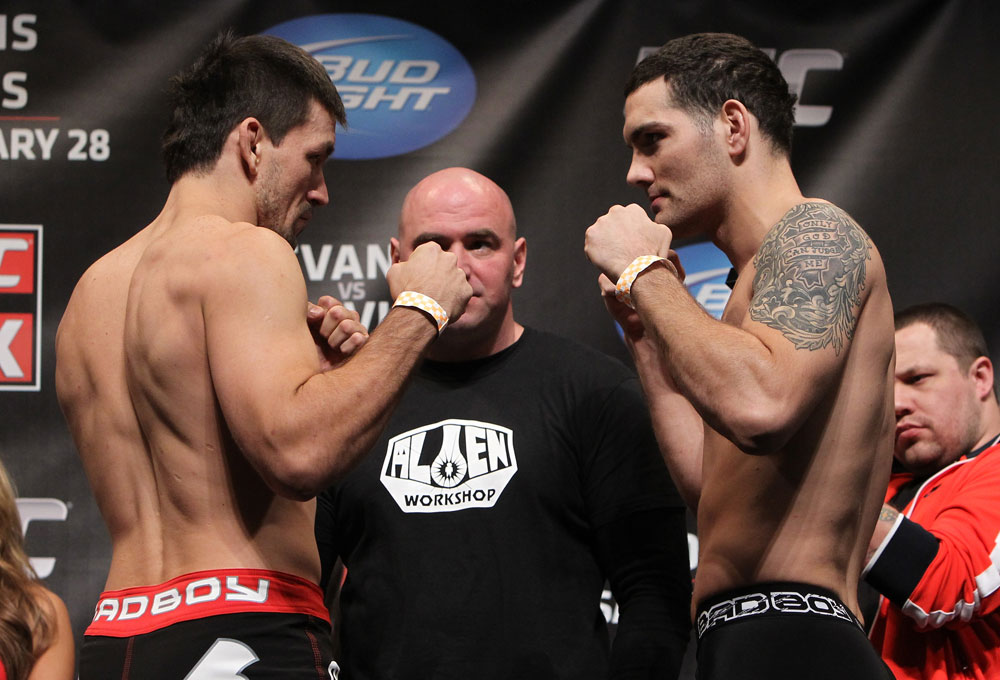 CHICAGO, IL - JANUARY 27: (L-R) Middleweight opponents Demian Maia and Chris Weidman face off after weighing in during the UFC on FOX official weigh in at the Chicago Theatre on January 27, 2012 in Chicago, Illinois. (Photo by Josh Hedges/Zuffa LLC/Zuffa LLC via Getty Images) *** Local Caption *** Demian Maia; Chris Weidman