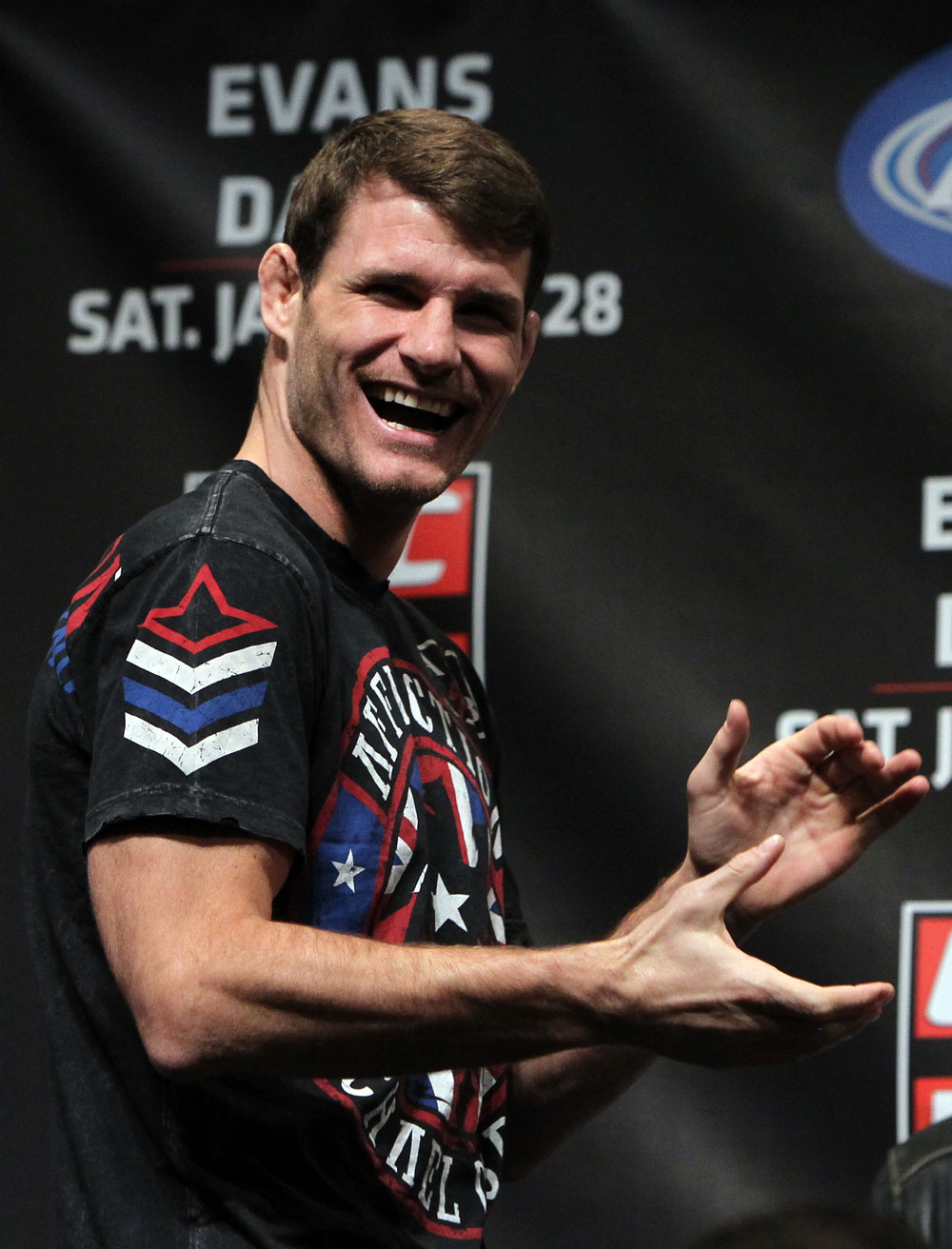 CHICAGO, IL - JANUARY 27: Michael Bisping laughs on stage as the fans boo him before he weighs in during the UFC on FOX official weigh in at the Chicago Theatre on January 27, 2012 in Chicago, Illinois. (Photo by Josh Hedges/Zuffa LLC/Zuffa LLC via Getty Images) *** Local Caption *** Michael Bisping