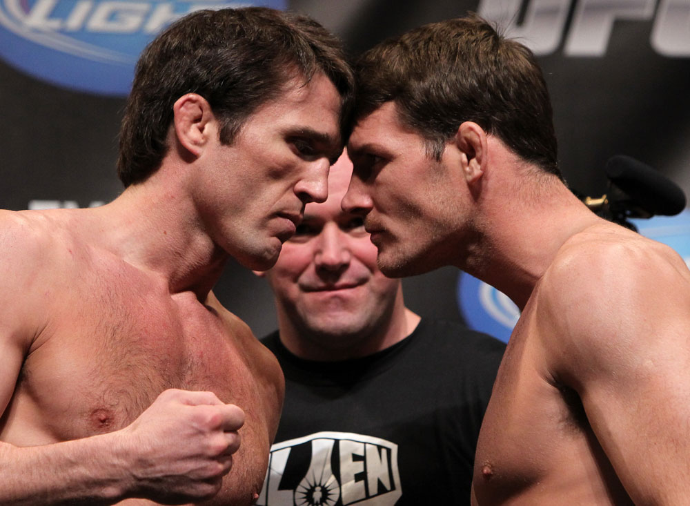CHICAGO, IL - JANUARY 27: (L-R) Middleweight opponents Chael Sonnen and Michael Bisping face off after weighing in during the UFC on FOX official weigh in at the Chicago Theatre on January 27, 2012 in Chicago, Illinois. (Photo by Josh Hedges/Zuffa LLC/Zuffa LLC via Getty Images) *** Local Caption *** Chael Sonnen; Michael Bisping