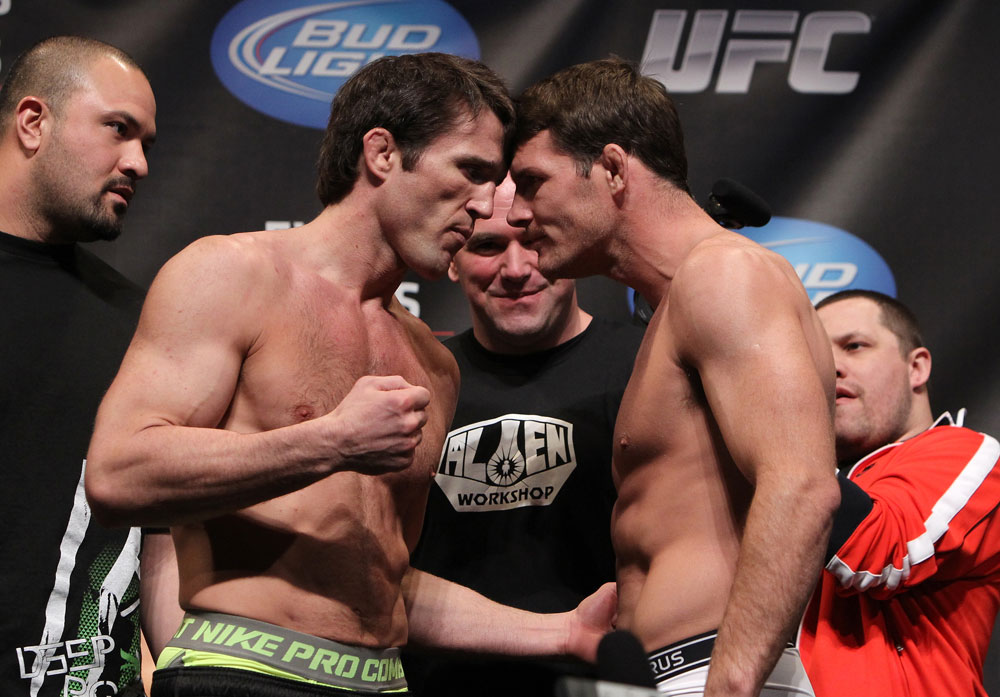CHICAGO, IL - JANUARY 27: (L-R) Middleweight opponents Chael Sonnen and Michael Bisping face off after weighing in during the UFC on FOX official weigh in at the Chicago Theatre on January 27, 2012 in Chicago, Illinois. (Photo by Josh Hedges/Zuffa LLC/Zuffa LLC via Getty Images) *** Local Caption *** Chael Sonnen; Michael Bisping