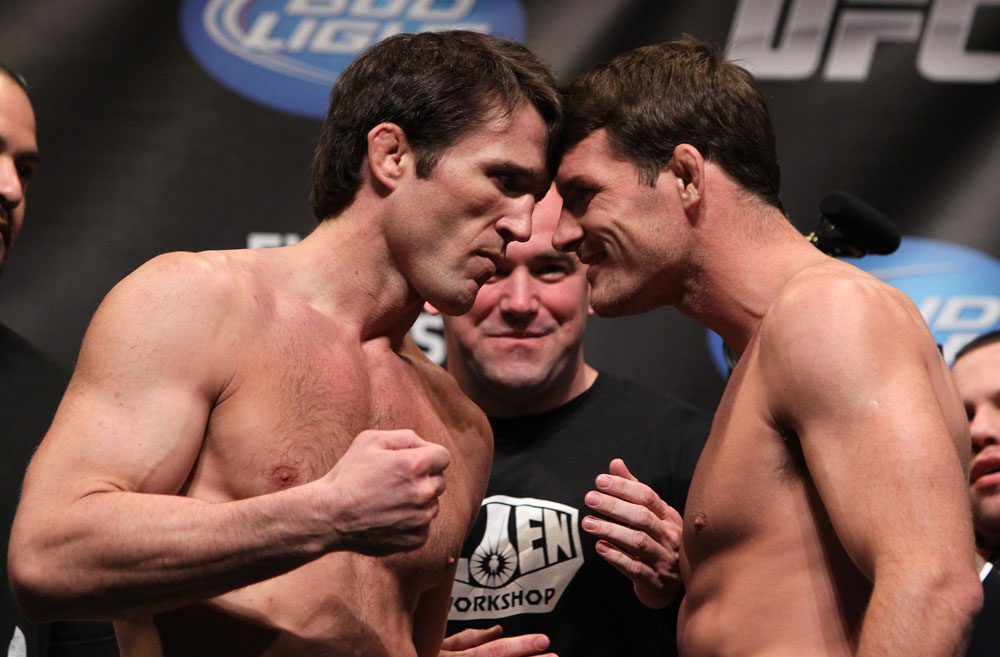 CHICAGO, IL - JANUARY 27: (L-R) Middleweight opponents Chael Sonnen and Michael Bisping face off after weighing in during the UFC on FOX official weigh in at the Chicago Theatre on January 27, 2012 in Chicago, Illinois. (Photo by Josh Hedges/Zuffa LLC/Zuffa LLC via Getty Images) *** Local Caption *** Chael Sonnen; Michael Bisping