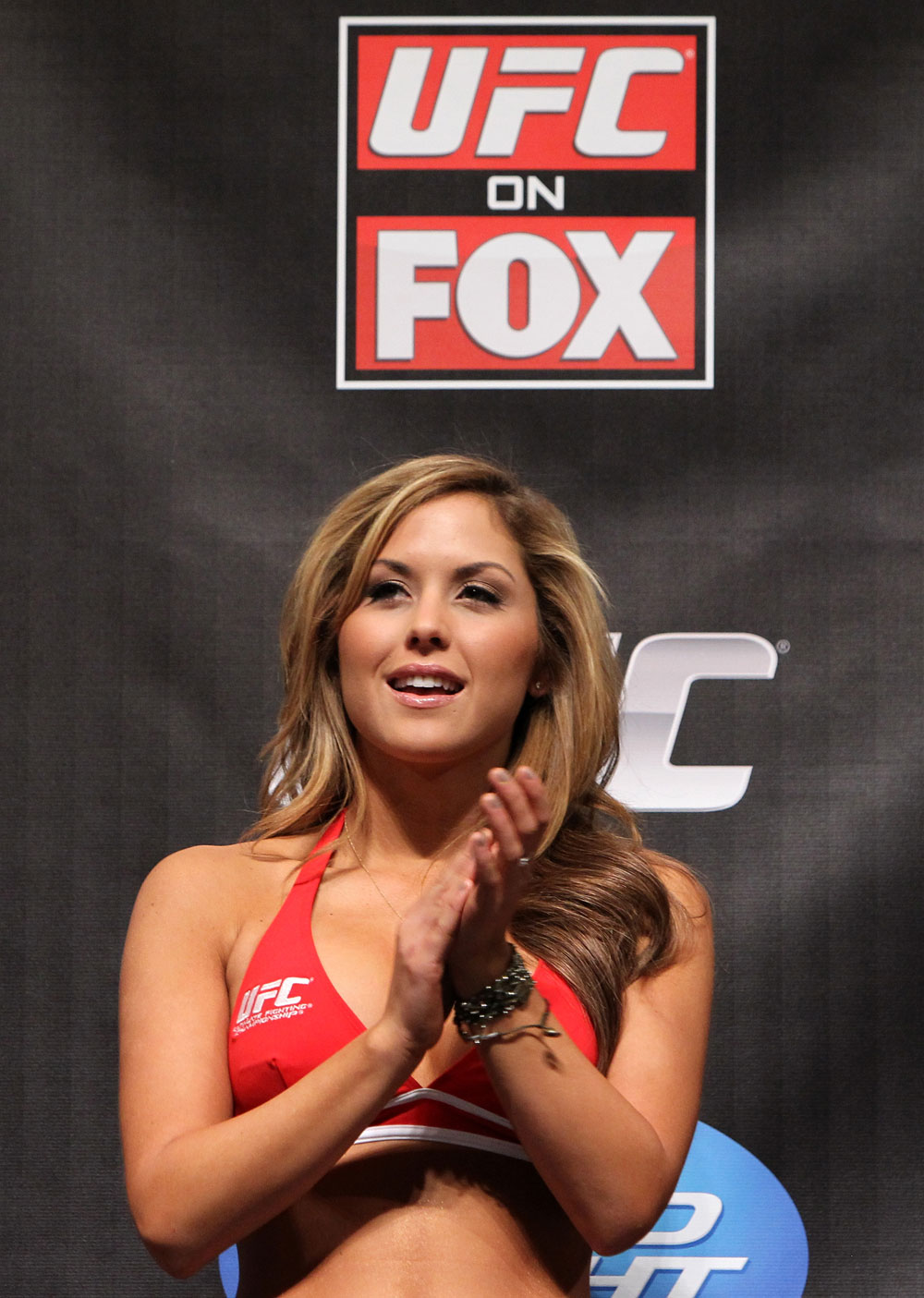 CHICAGO, IL - JANUARY 27: UFC Octagon Girl Brittney Palmer attends the UFC on FOX official weigh in at the Chicago Theatre on January 27, 2012 in Chicago, Illinois. (Photo by Josh Hedges/Zuffa LLC/Zuffa LLC via Getty Images) *** Local Caption *** Brittney Palmer