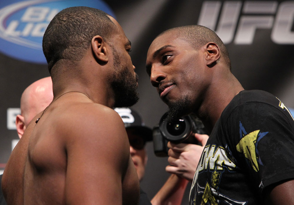 CHICAGO, IL - JANUARY 27: (L-R) Light Heavyweight opponents Rashad Evans and Phil Davis face off after weighing in during the UFC on FOX official weigh in at the Chicago Theatre on January 27, 2012 in Chicago, Illinois. (Photo by Josh Hedges/Zuffa LLC/Zuffa LLC via Getty Images) *** Local Caption *** Rashad Evans; Phil Davis