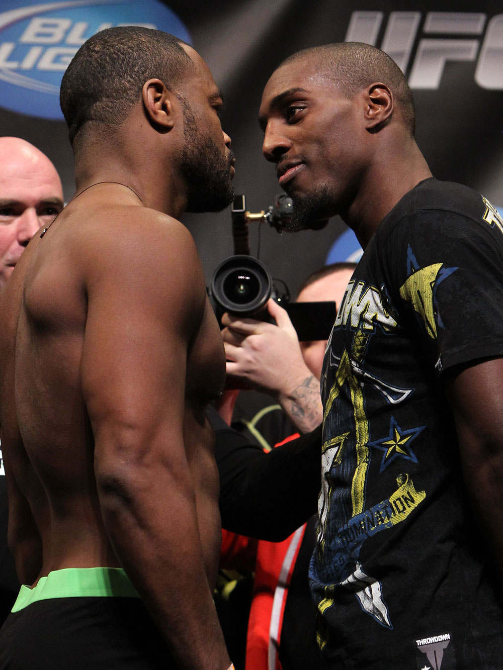 CHICAGO, IL - JANUARY 27: (L-R) Light Heavyweight opponents Rashad Evans and Phil Davis face off after weighing in during the UFC on FOX official weigh in at the Chicago Theatre on January 27, 2012 in Chicago, Illinois. (Photo by Josh Hedges/Zuffa LLC/Zuffa LLC via Getty Images) *** Local Caption *** Rashad Evans; Phil Davis