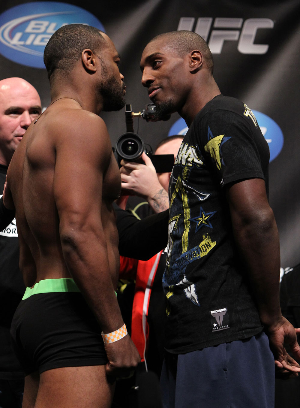 CHICAGO, IL - JANUARY 27: (L-R) Light Heavyweight opponents Rashad Evans and Phil Davis face off after weighing in during the UFC on FOX official weigh in at the Chicago Theatre on January 27, 2012 in Chicago, Illinois. (Photo by Josh Hedges/Zuffa LLC/Zuffa LLC via Getty Images) *** Local Caption *** Rashad Evans; Phil Davis