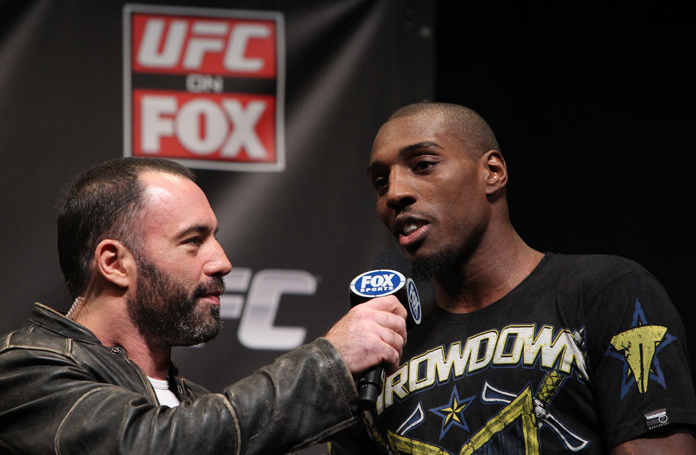 CHICAGO, IL - JANUARY 27: Phil Davis (R) is interviewed by Joe Rogan during the UFC on FOX official weigh in at the Chicago Theatre on January 27, 2012 in Chicago, Illinois. (Photo by Josh Hedges/Zuffa LLC/Zuffa LLC via Getty Images) *** Local Caption *** Phil Davis; Joe Rogan