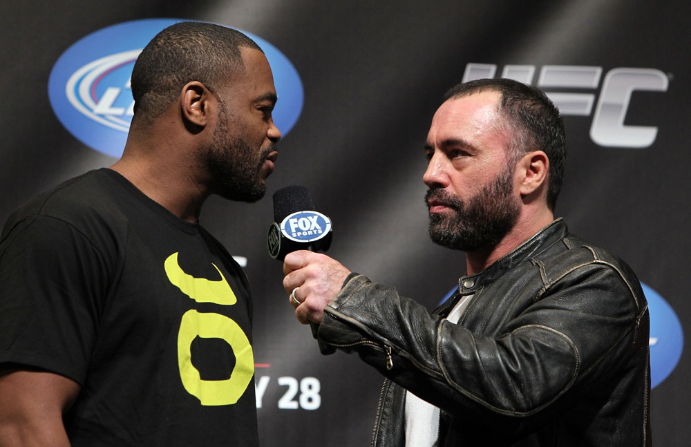 CHICAGO, IL - JANUARY 27: Rashad Evans (L) is interviewed by Joe Rogan during the UFC on FOX official weigh in at the Chicago Theatre on January 27, 2012 in Chicago, Illinois. (Photo by Josh Hedges/Zuffa LLC/Zuffa LLC via Getty Images) *** Local Caption *** Rashad Evans; Joe Rogan