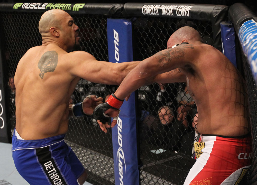 CHICAGO, IL - JANUARY 28:  (L-R) Lavar Johnson punches Joey Beltran during the UFC on FOX event at United Center on January 28, 2012 in Chicago, Illinois.  (Photo by Nick Laham/Zuffa LLC/Zuffa LLC via Getty Images) *** Local Caption *** Lavar Johnson; Joey Beltran