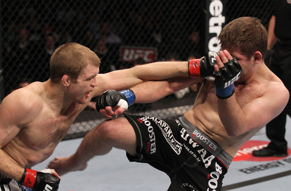 CHICAGO, IL - JANUARY 28:  (L-R) Evan Dunham punches Nik Lentz during the UFC on FOX event at United Center on January 28, 2012 in Chicago, Illinois.  (Photo by Nick Laham/Zuffa LLC/Zuffa LLC via Getty Images) *** Local Caption *** Nik Lentz; Evan Dunham